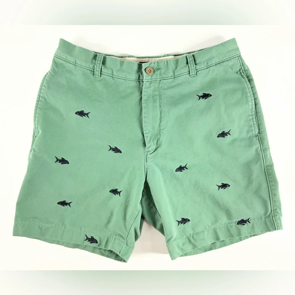 J. Crew Shark Embroidered Chino Flat Front Green‎ Shorts Mens Size 34